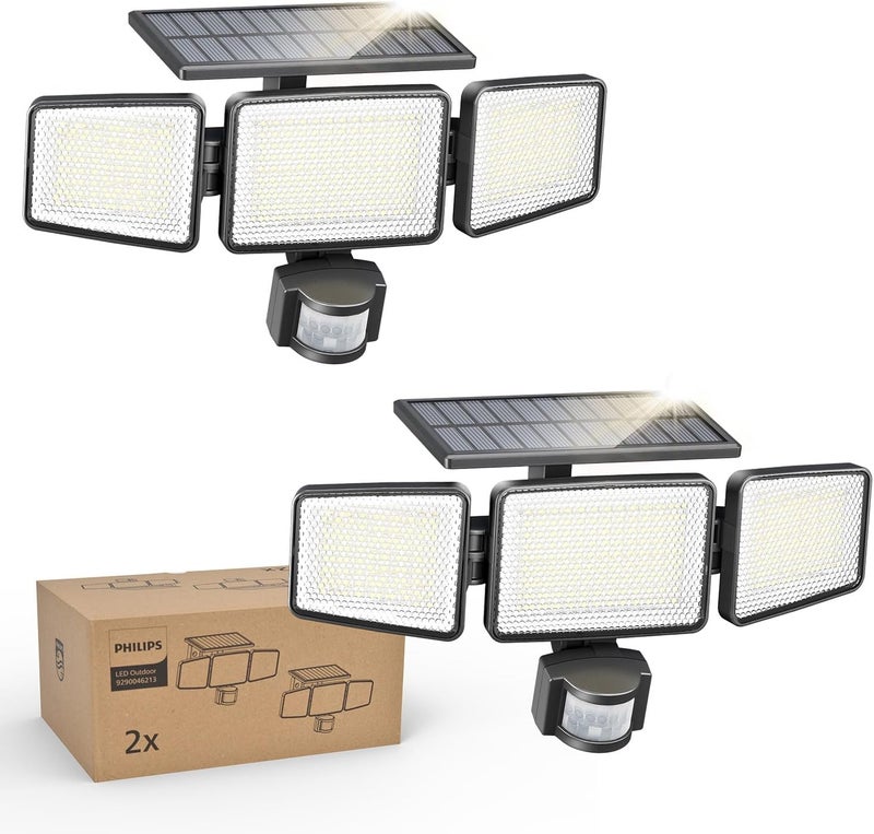 Philips Solar Security Light Outdoor 302 LED 1200lm，Solar-Powered Waterproof Wall-Mounted Flood Light w/PIR Motion Sensor, 3 Heads, IP65 Waterproof, 3 Modes (2 Packs) - Image 1